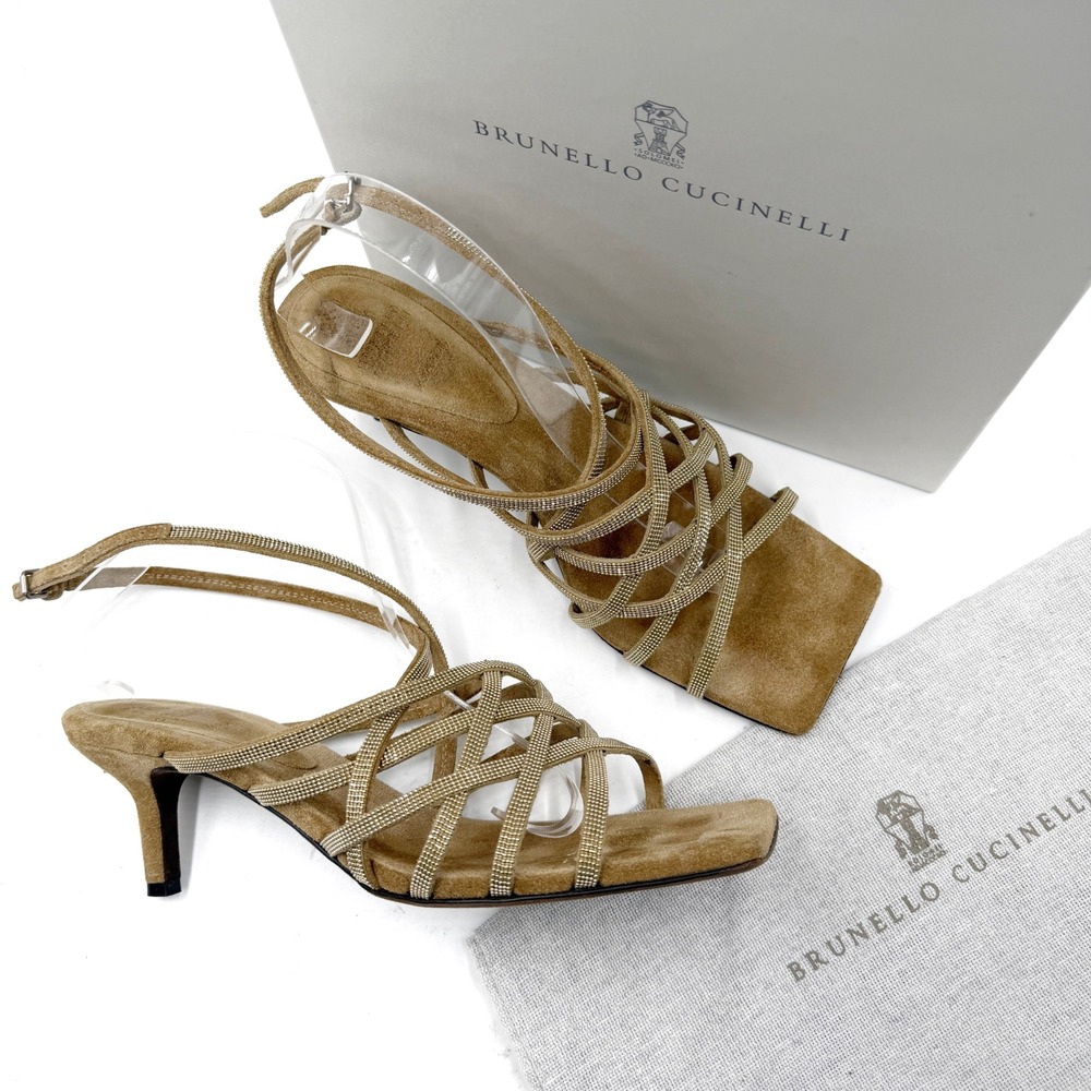 Brunello Cucinelli Monili Suede Strappy Sandals Tan Square Toe Sz 39.5 / 9.5